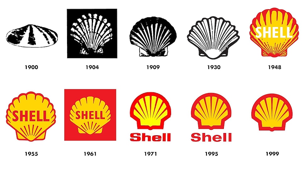Изображение показывает, как эмблемы «Шелл» менялись с 1900 г. до наших дней