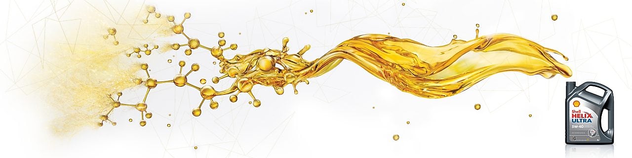 Канистра с маслом Shell helix ultra, у которой из открытой горловины льется масло