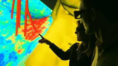 Сейсмограмма, отражающая направления  стволов скважин, показывающая как можно интегрировать различные данные по геологии и геофизике