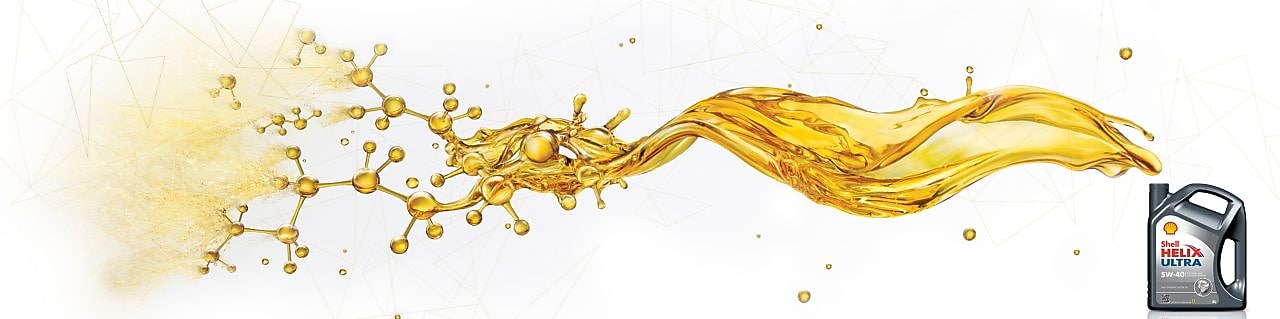 Канистра с маслом Shell helix ultra, у которой из открытой горловины льется масло