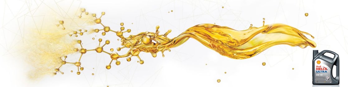 Канистра с маслом Shell helix ultra, у которой из открытой горловины льется масло